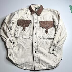 MAC Shirt Mens Large Beige Canvas Long Sleeve Western Leather Pockets Button Up